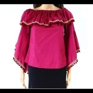 INA Ruffled Embroidered Pom Pom Crop Shirt Blouse